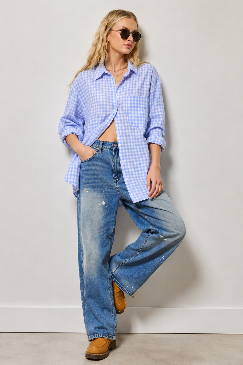 Dockside Darling Embroidered Blue Gingham Beach Cover Up Oversized Button Down Shirt Women's Resort Wear Marina Boat Day Vacation Outfit