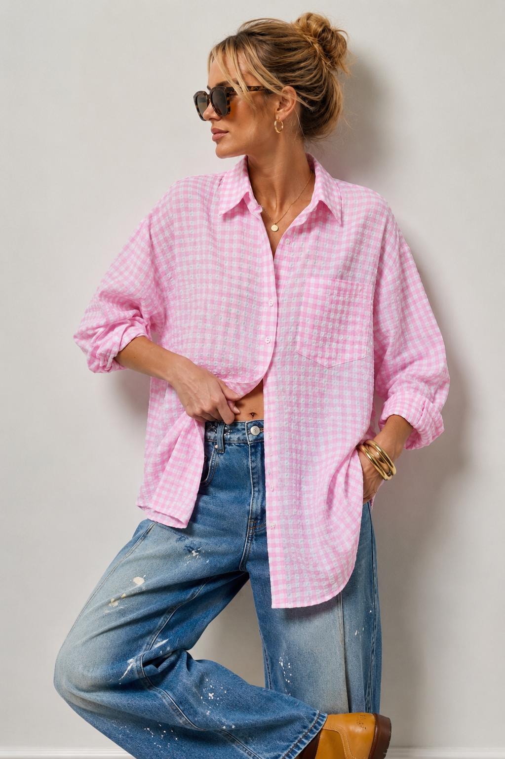 Meet Me at the Marina Embroidered Pink Gingham Beach Cover Up Oversized Button Down Shirt Women's Resort Wear Lake Life Vacation Outfit