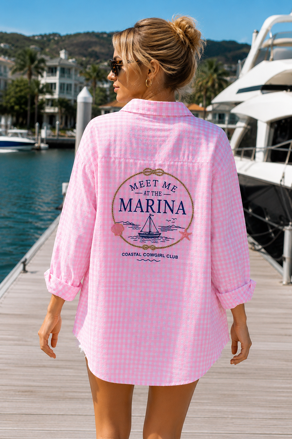 Meet Me at the Marina Embroidered Pink Gingham Beach Cover Up Oversized Button Down Shirt Women's Resort Wear Lake Life Vacation Outfit