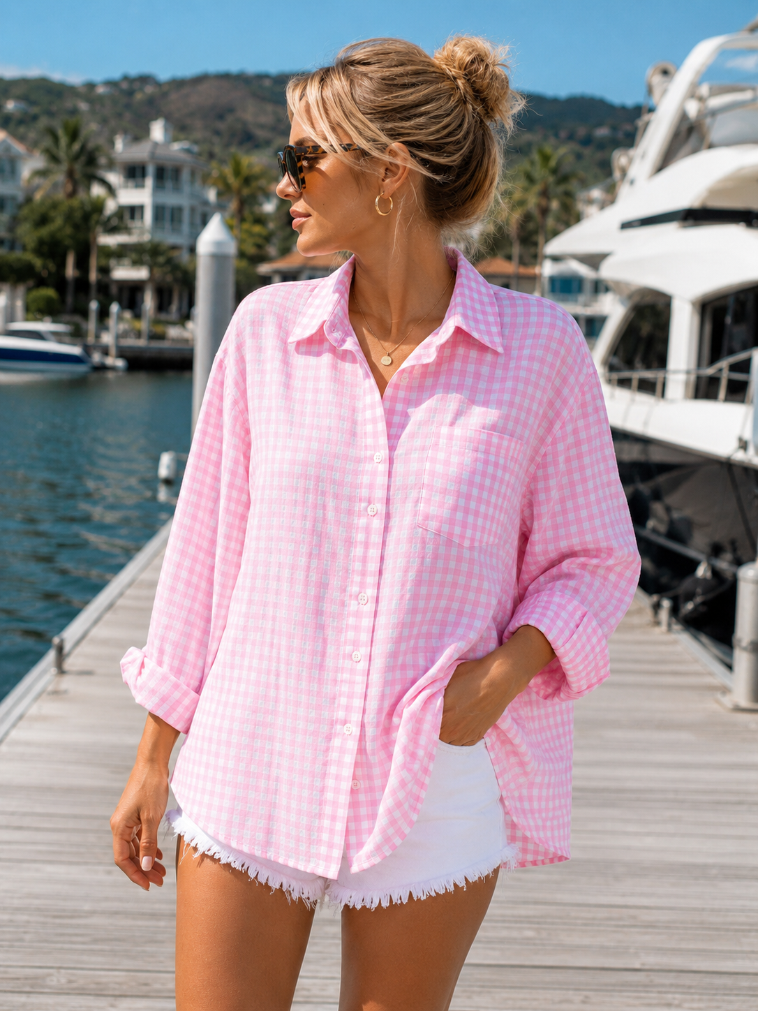 Meet Me at the Marina Embroidered Pink Gingham Beach Cover Up Oversized Button Down Shirt Women's Resort Wear Lake Life Vacation Outfit