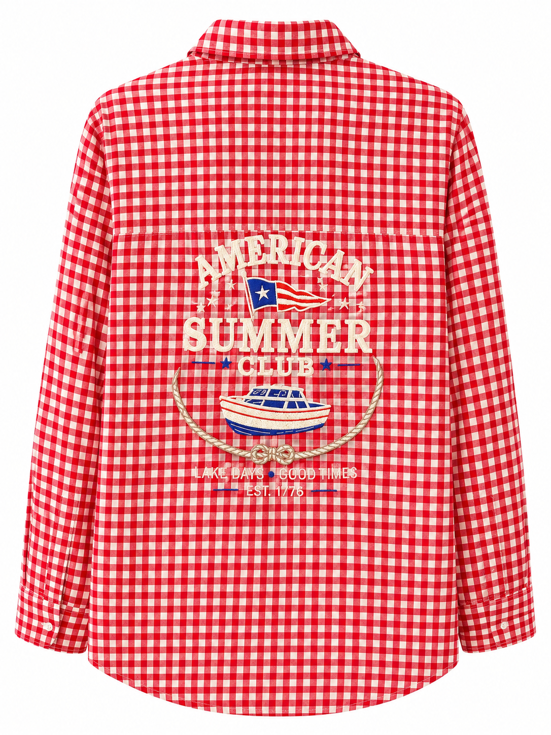 American Summer Club Embroidered Red Gingham Beach Cover Up Oversized Button Down Shirt Women's Resort Wear Lake Life Boat Day Outfit