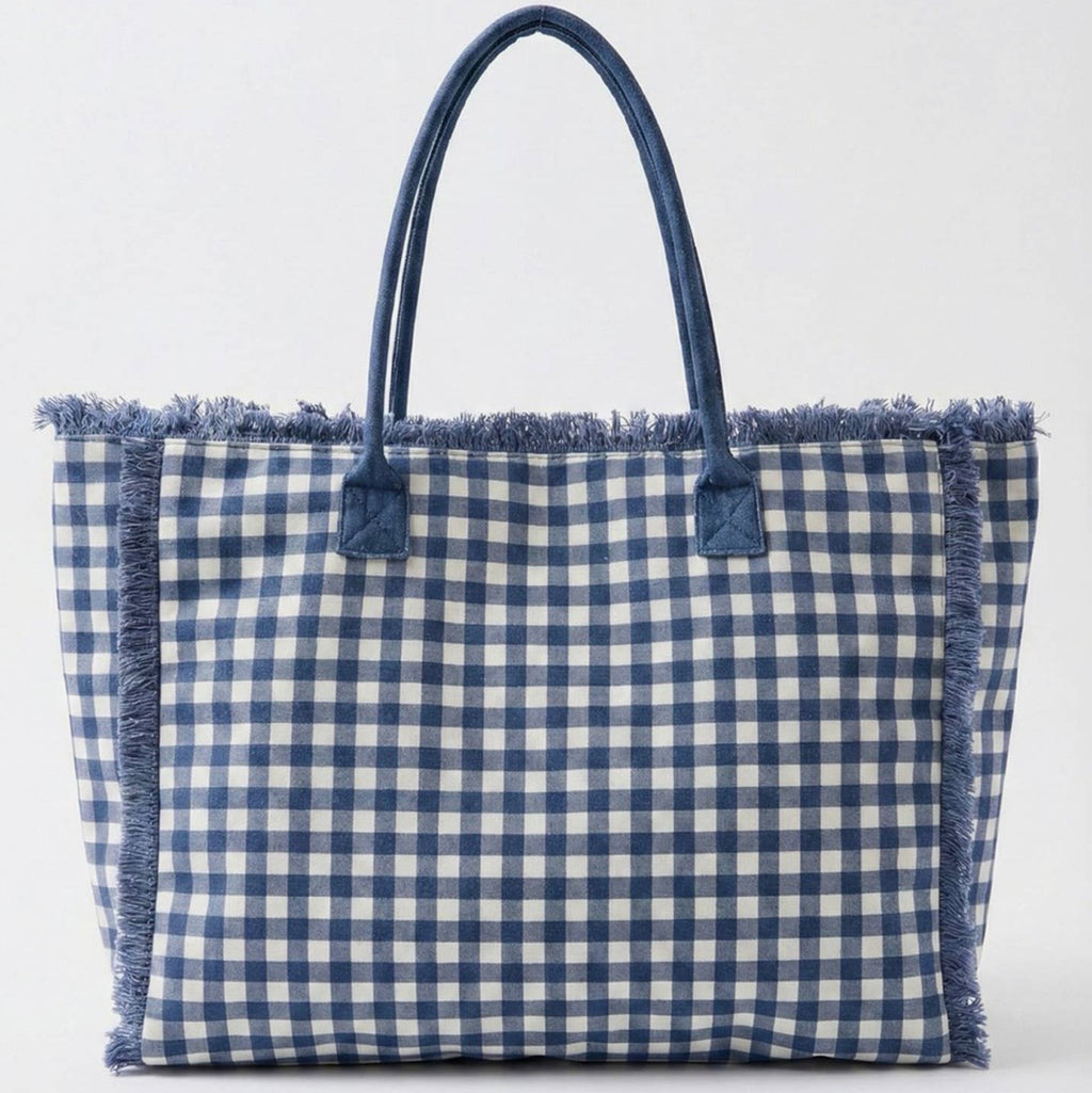 Personalized Navy Gingham Tote Bag | Custom Embroidered Beach, College & Travel Tote | Bridesmaid Gift