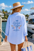 Dockside Darling Embroidered Blue Gingham Beach Cover Up Oversized Button Down Shirt Women's Resort Wear Marina Boat Day Vacation Outfit