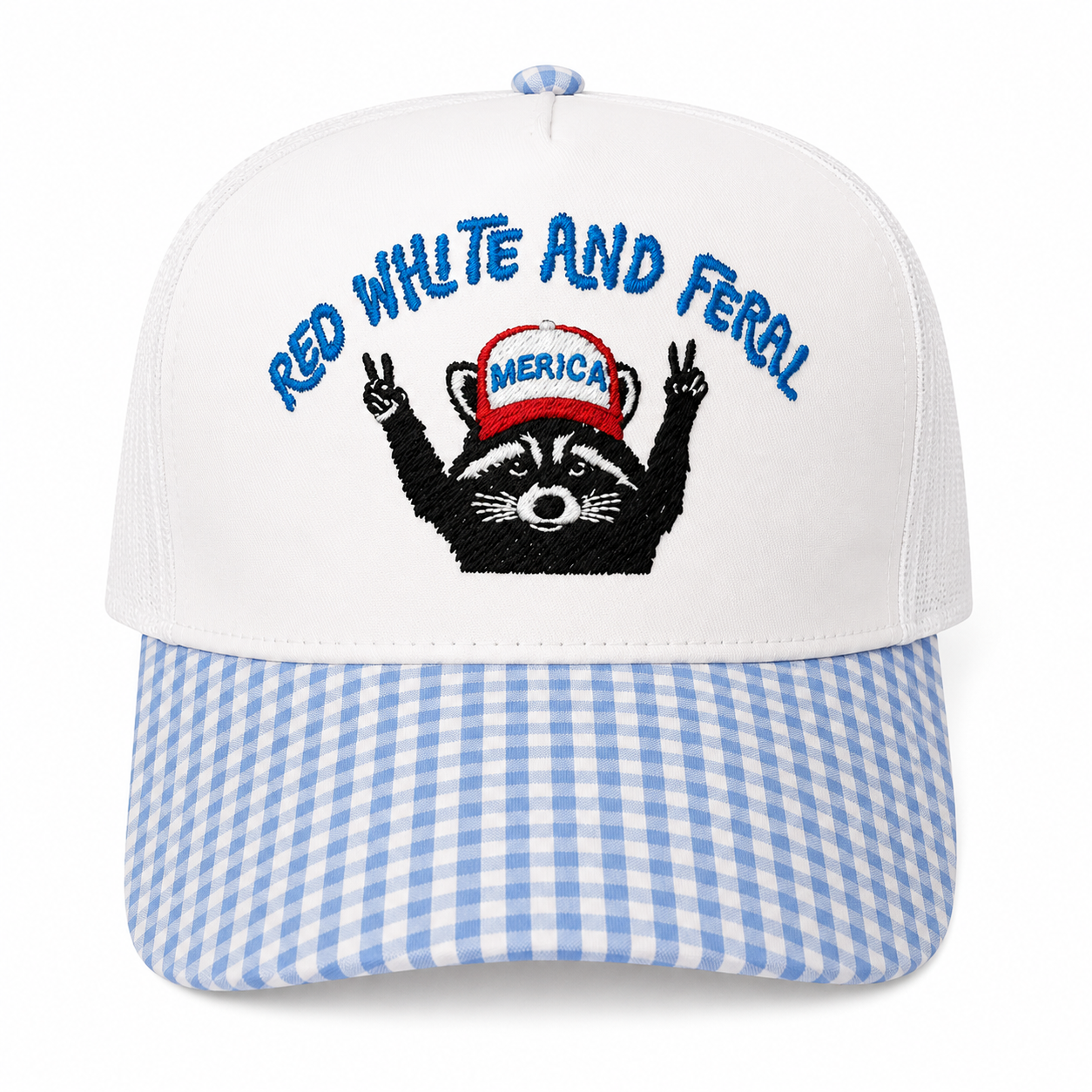 Red White and Feral Hat | Patriotic Raccoon Trucker Hat | Funny America Hat for Women | Fourth of July Hat | Blue Gingham Snapback