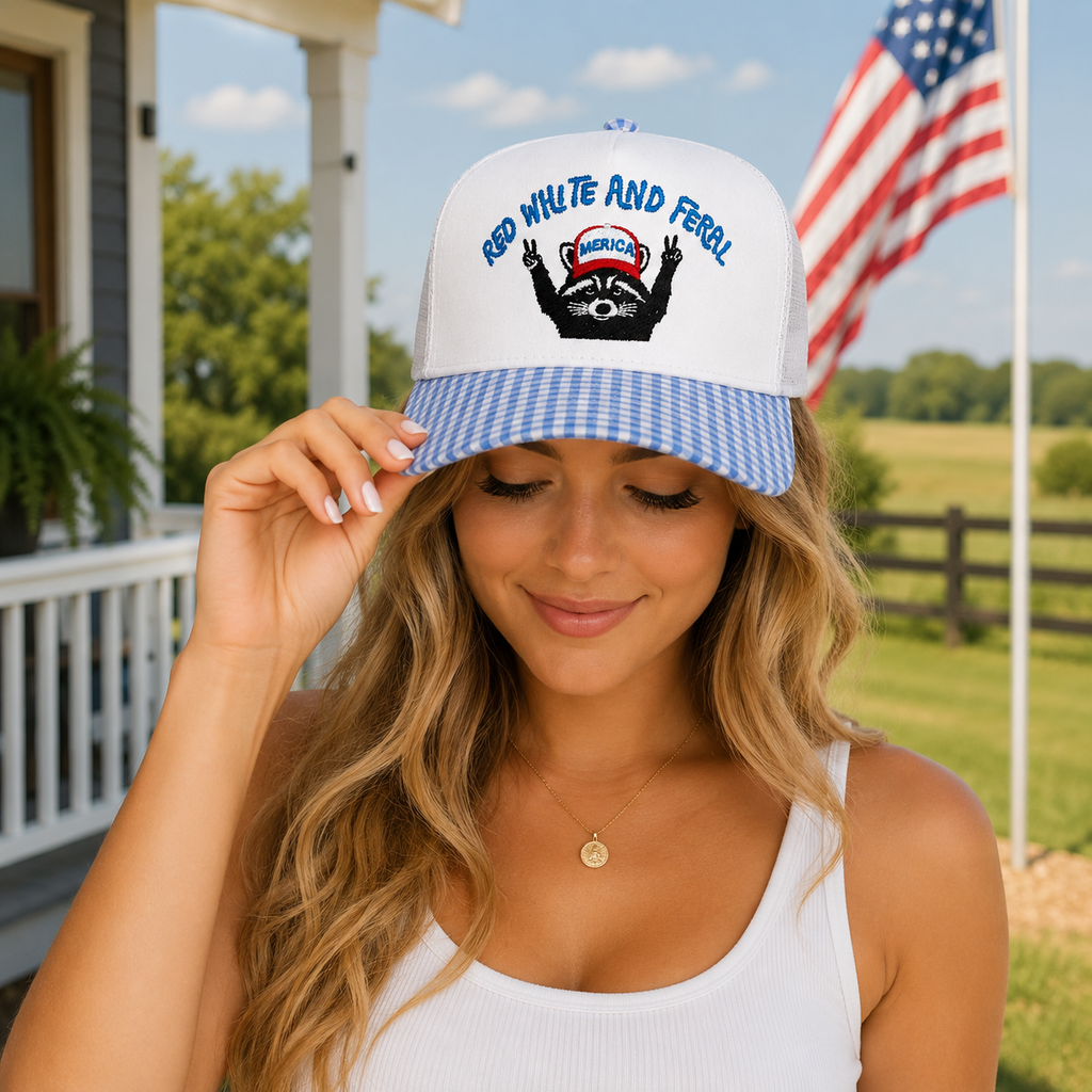 Red White and Feral Hat | Patriotic Raccoon Trucker Hat | Funny America Hat for Women | Fourth of July Hat | Blue Gingham Snapback