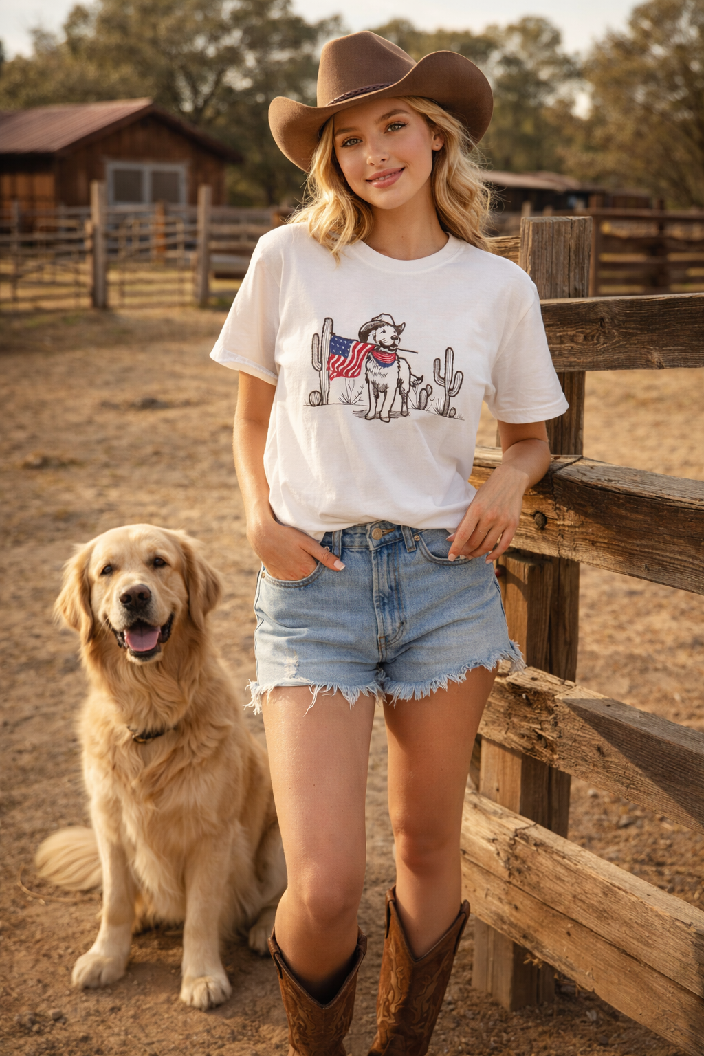 Patriotic Golden Retriever Embroidered Tee