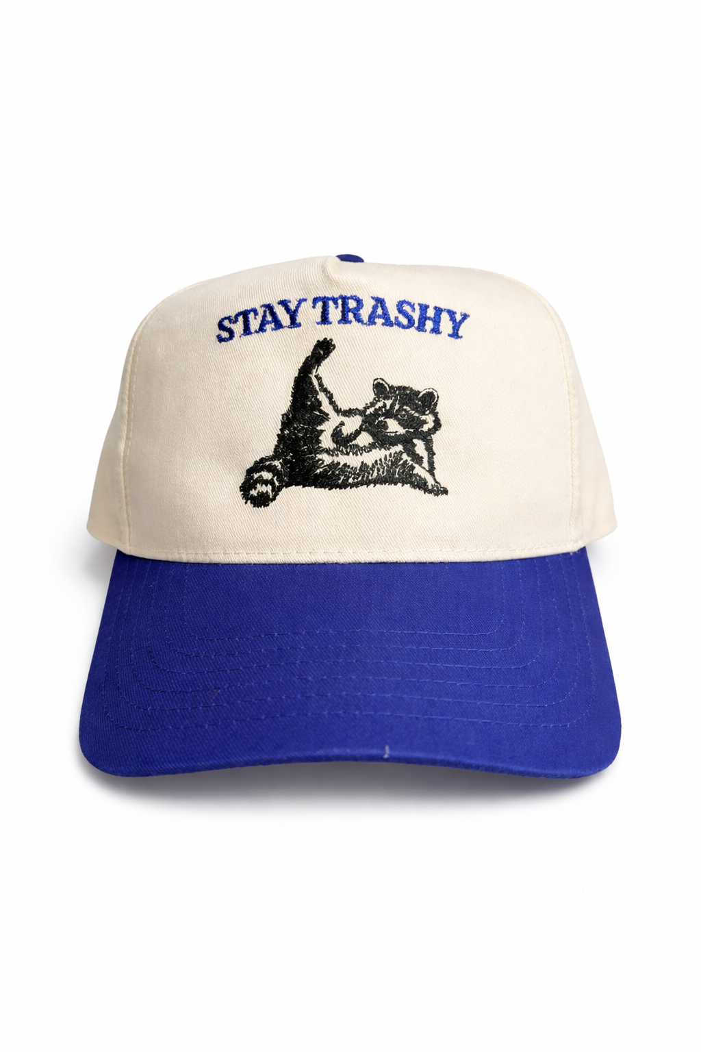 Stay Trashy Raccoon Trucker Hat – Blue & Cream Snapback | Texas Untamed