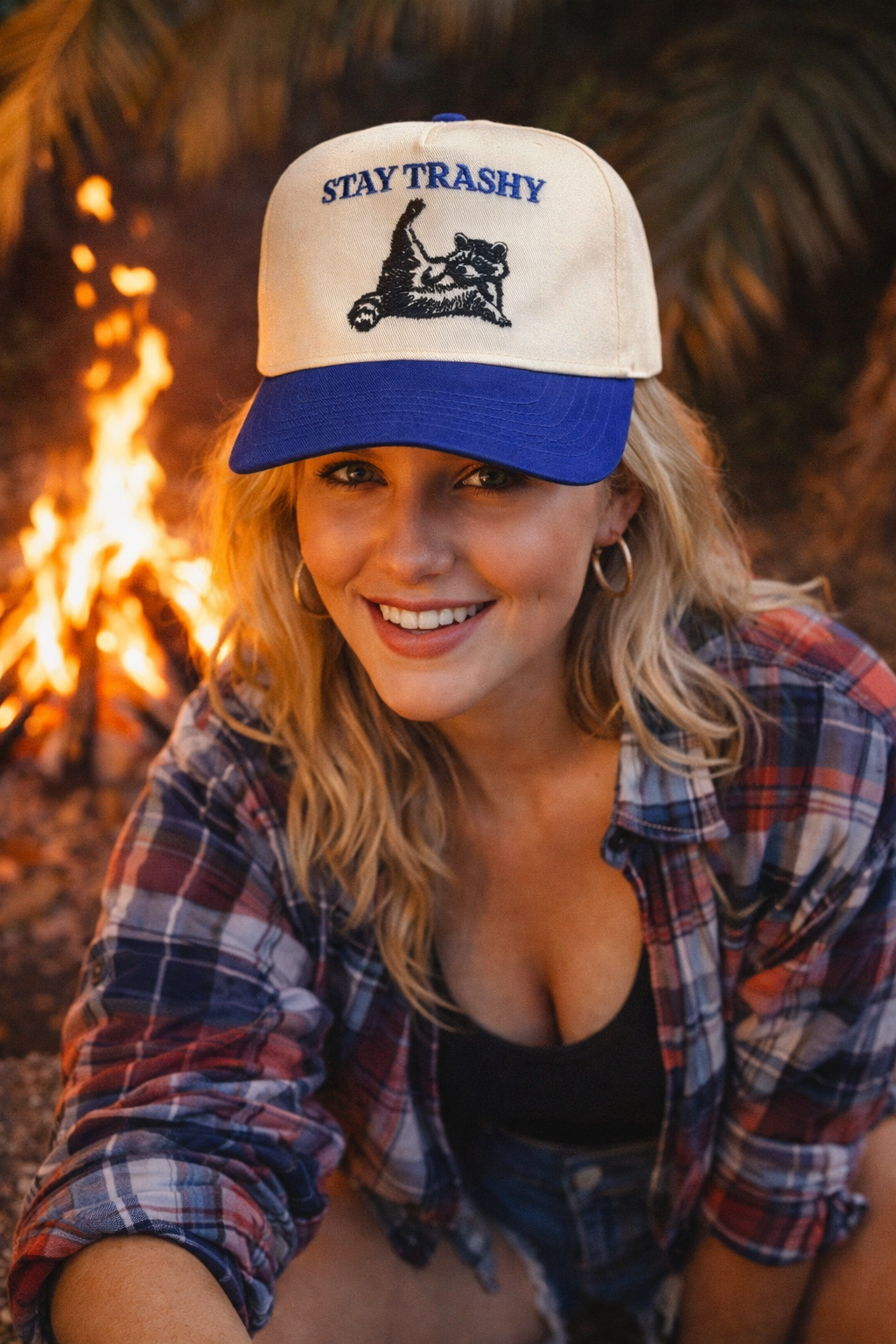 Stay Trashy Raccoon Trucker Hat – Blue & Cream Snapback | Texas Untamed