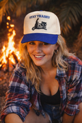 Stay Trashy Raccoon Trucker Hat – Blue & Cream Snapback | Texas Untamed
